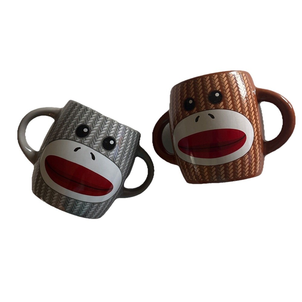 Sock Monkey Coffee Cocoa Mug Ceramic 16 oz Galerie Double Handle Cup Set of 2
